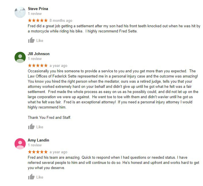 Law Office of Frederick J Sette Google Reviews continue