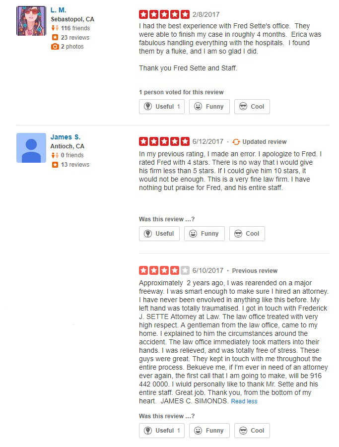 Law Office of Frederick J Sette Yelp Reviews continue