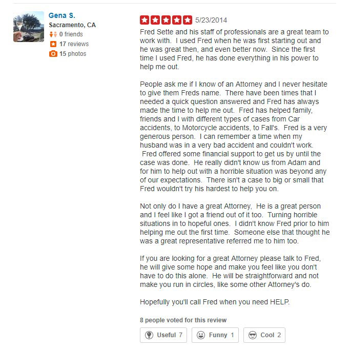 Law Office of Frederick J Sette Yelp Reviews continue