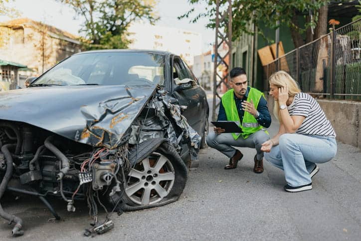 A car accident lawyer wearing a green vest discusses a damaged vehicle with his client.